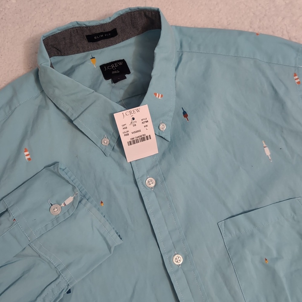 NEW J.Crew Mens Shirt L Slim Fit Buoys Nautical Aqua Blue Long Sleeve Button